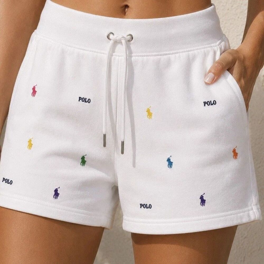 POLO Ralph Lauren Shorts Womens XXL Sweat White All Over Logo Drawstring NWT $89